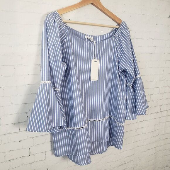 Pleione Off The Shoulder Blue White Striped Top Size S Flutter Bell Sleeve NEW - Picture 3 of 8